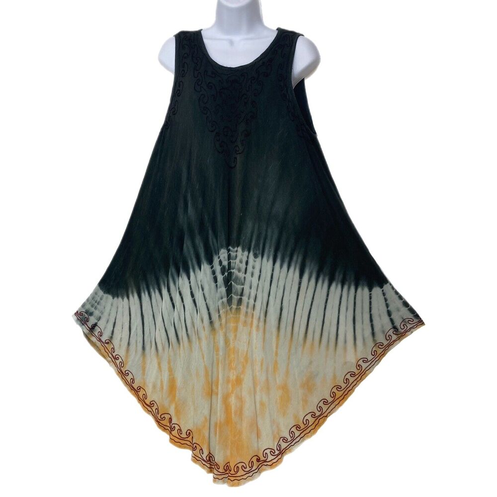 Tie Dye Asymmetrical Hem Cover Up Dress Free Size Embroidered Boho